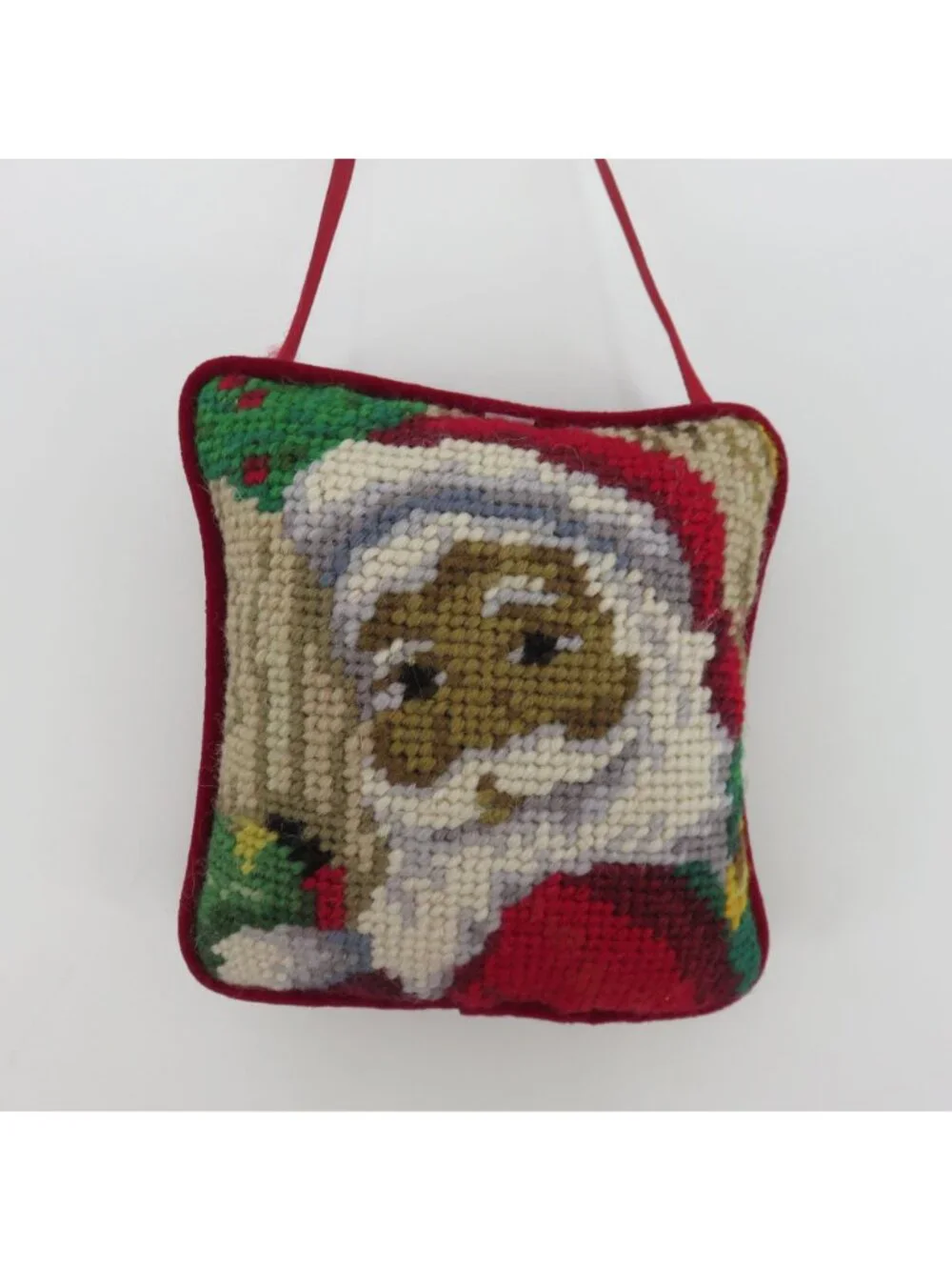 Santa Claus Papa Noel Wool Needlepoint Red Velvet Door Hanger Ornament Christmas