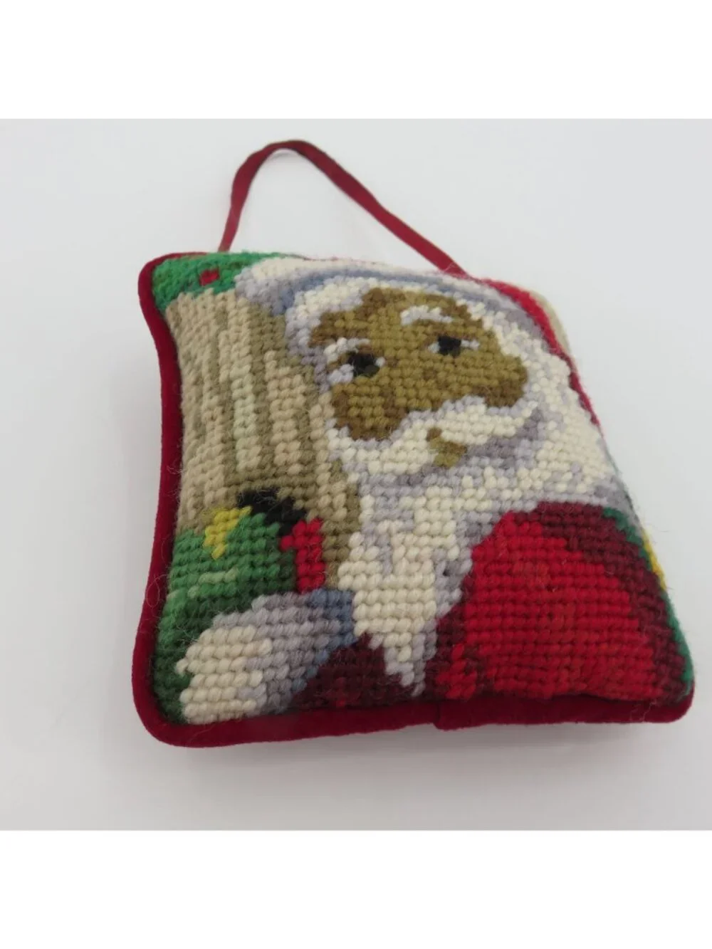 Santa Claus Papa Noel Wool Needlepoint Red Velvet Door Hanger Ornament Christmas