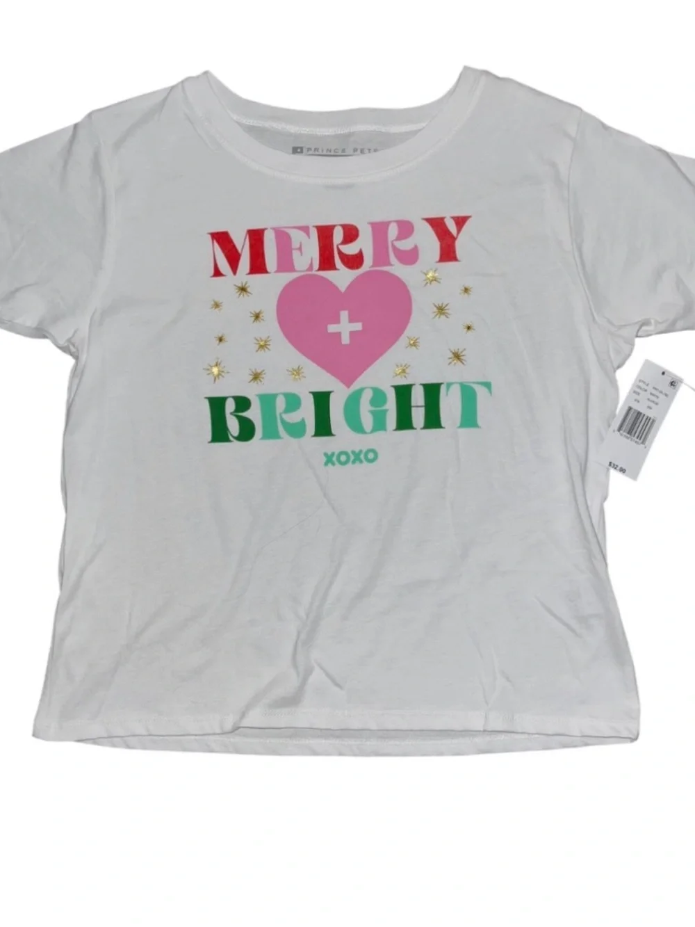 Prince Peter White Short Sleeve Top Merry Bright Pink Green Girls NWT XL Boxy