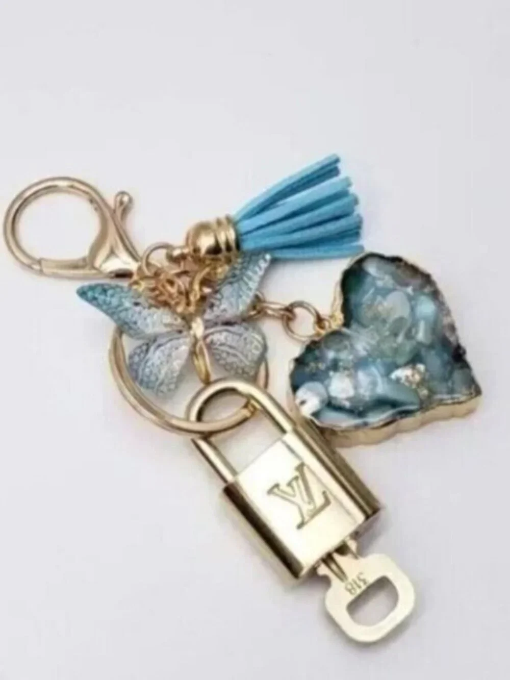 Authentic Louis Vuitton Padlock & Key Gold ✨Unbranded Heart Bag Charm Keychain