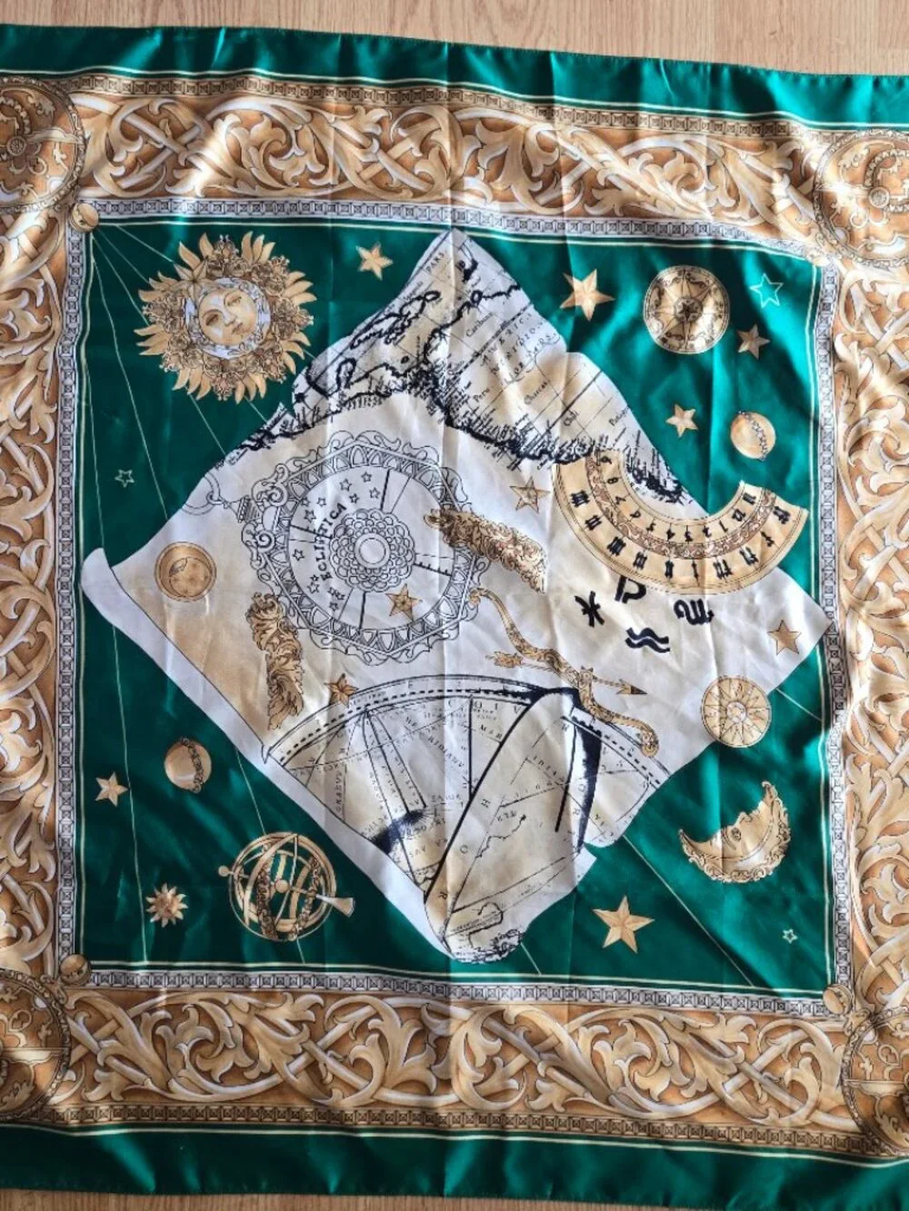 Vintage Emerald Green Celestial Zodiac Satin Feel Square Scarf