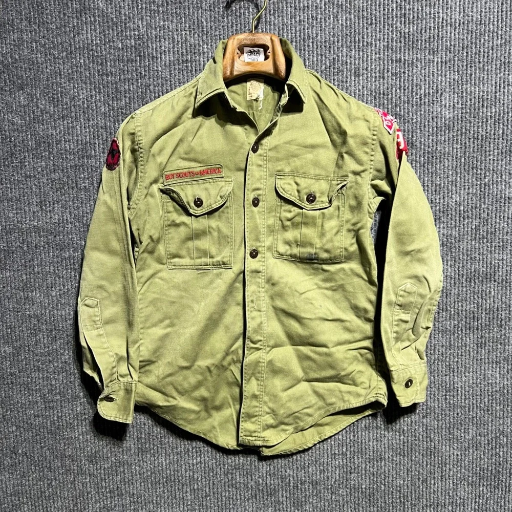 Vintage Boy Scouts of America Shirt Boys M Green Patch Long Sleeve Uniform 60s