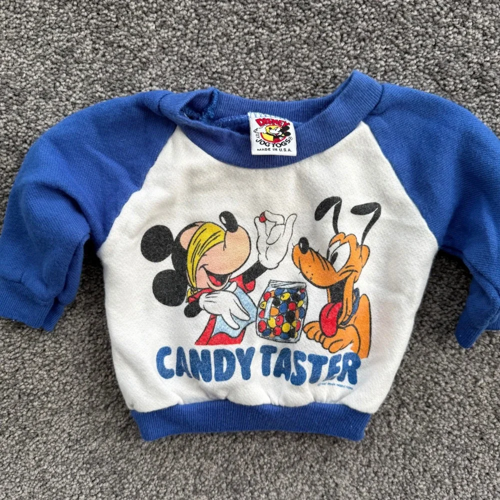 Vintage Disney Jog Togs Mickey Pluto Candy Taster Sweatshirt Blue White USA Made