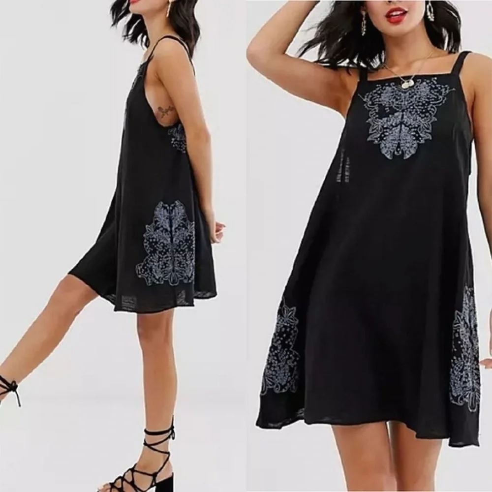 FREE PEOPLE Black Tulum Cutwork Slip Mini Dress Embroidered Sleeveless