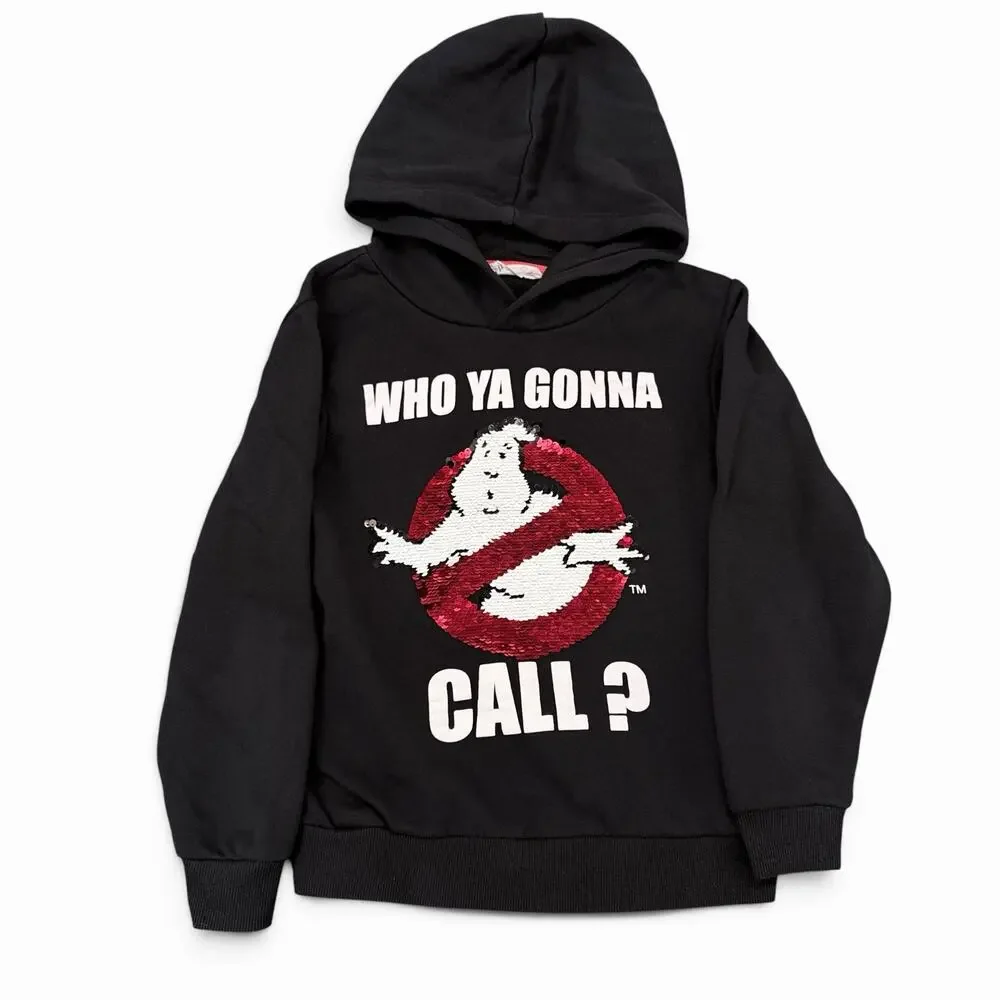 H&M Ghostbusters Hoodie Sequin Logo Kids Sz 6-8Y Black Pullover