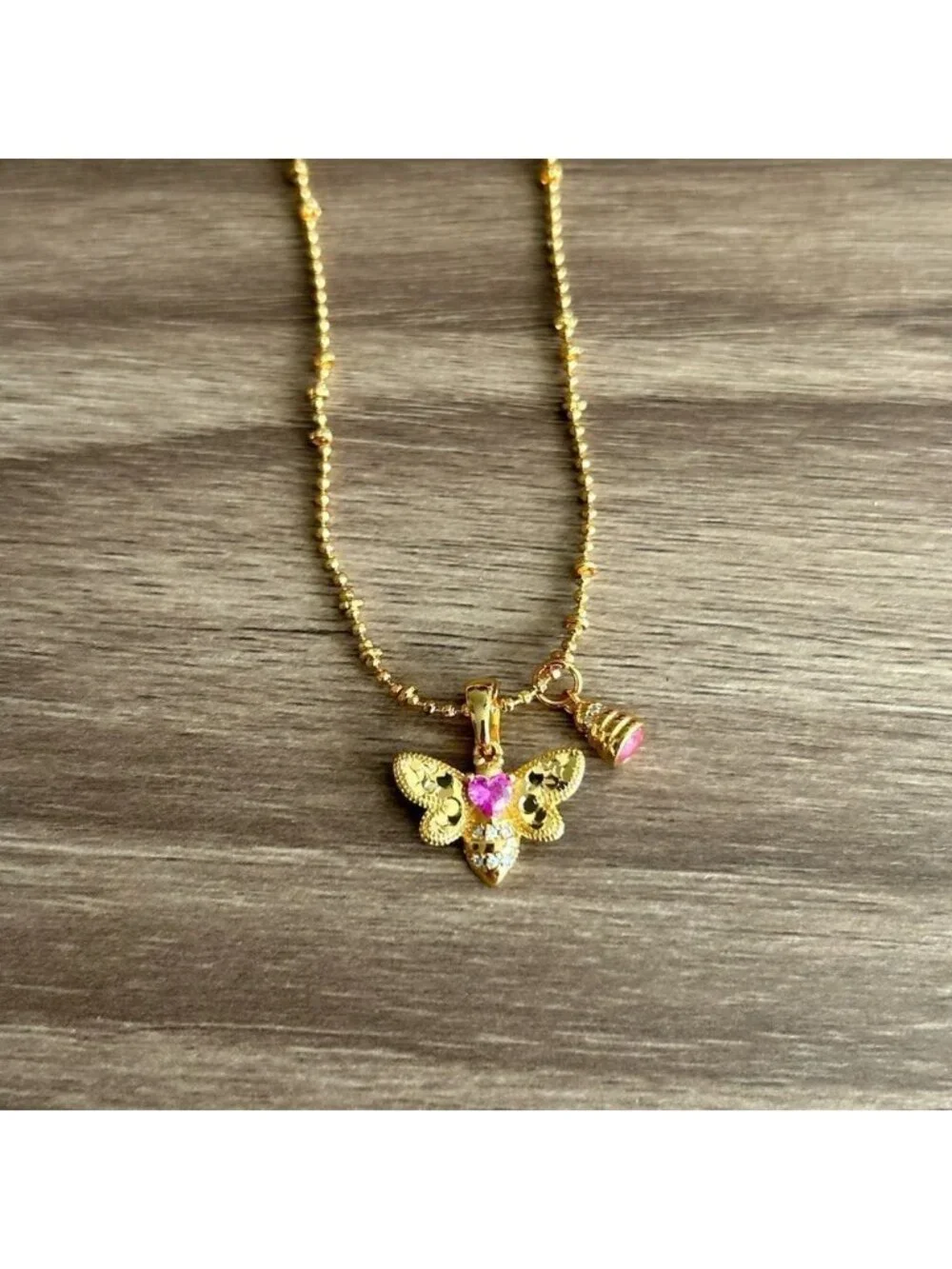 Gold and Pink Butterfly Necklace Q486