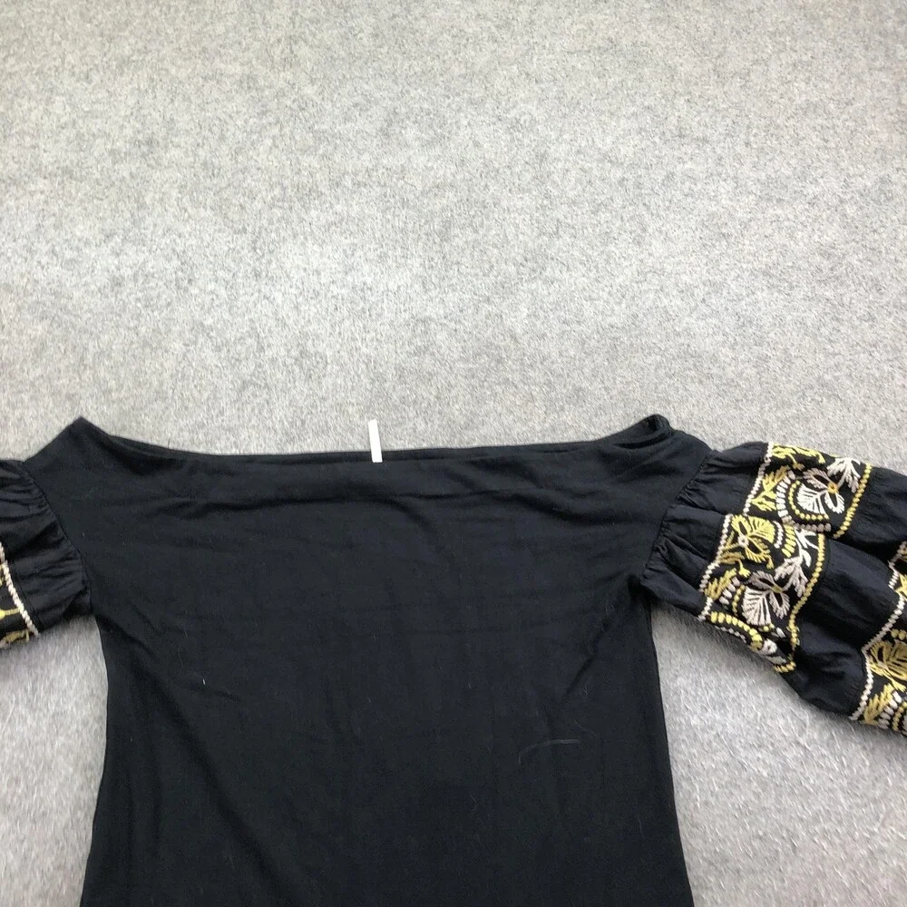 Free People Blouse Womens Small Black Embroidered Off Shoulder Balloon Sleeve