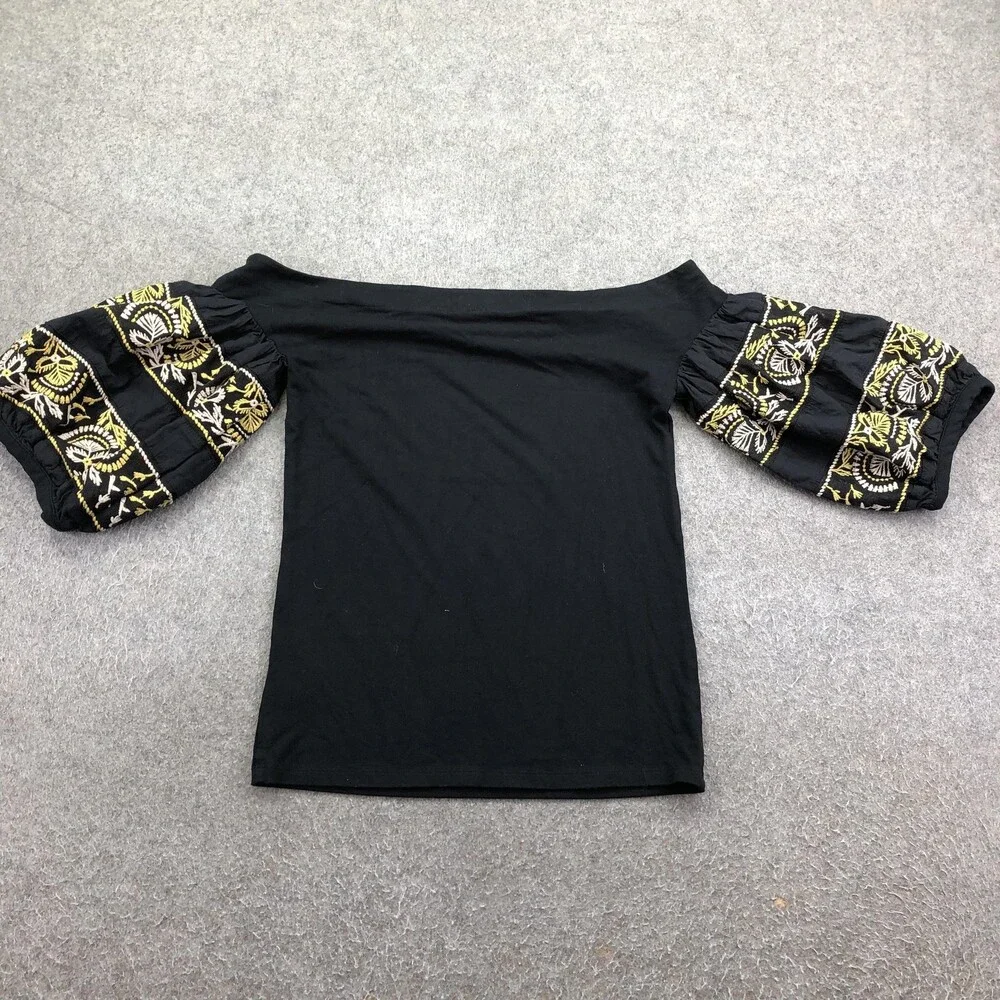 Free People Blouse Womens Small Black Embroidered Off Shoulder Balloon Sleeve