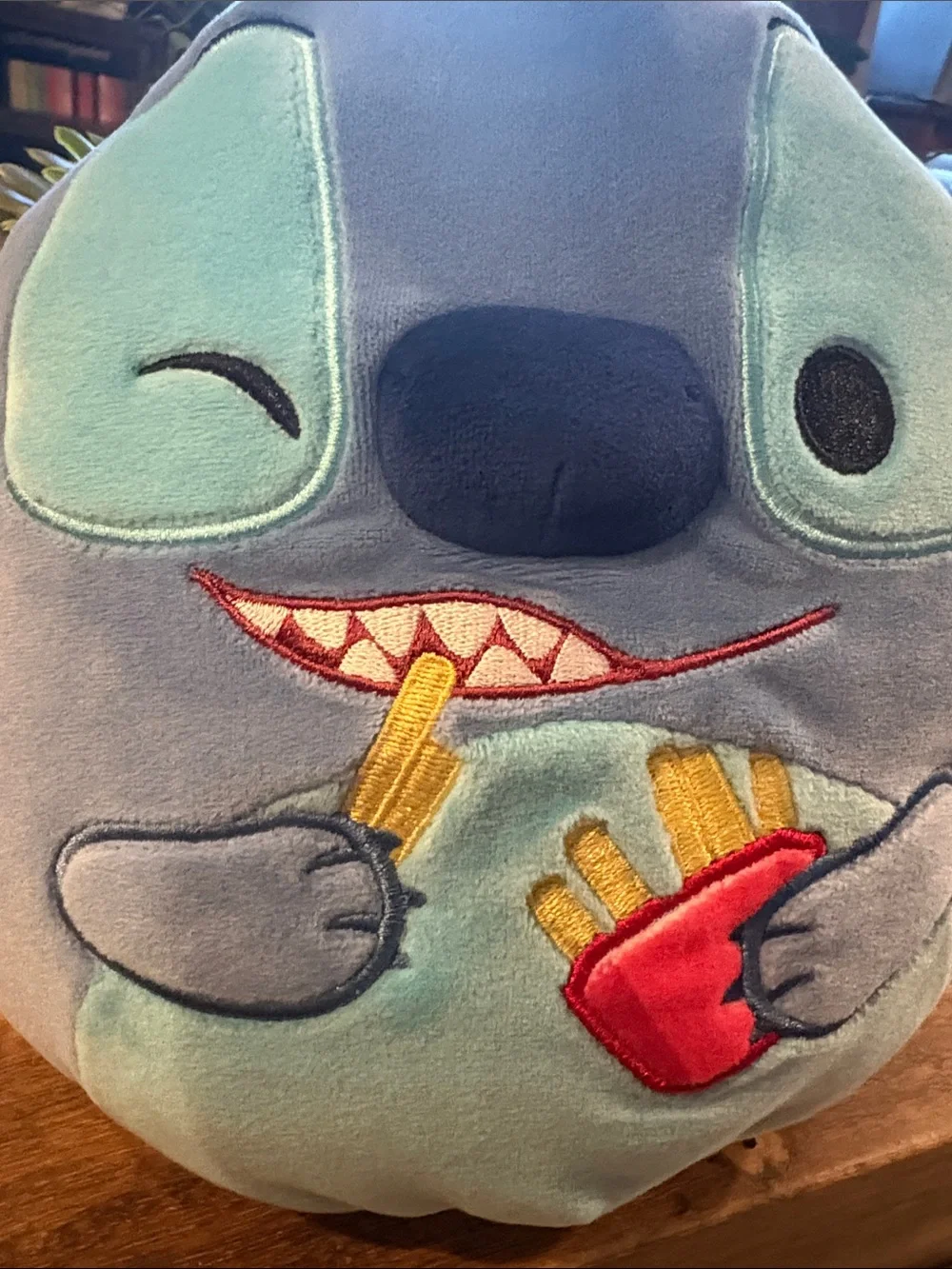 Disney Blue Stitch Plush Holding Fries Cute Squishmallow-Style Pillow - Like New
