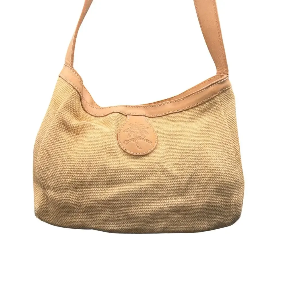 Tommy Bahama Canvas Leather Hobo Shoulder Bag Beige Palm Tree Purse
