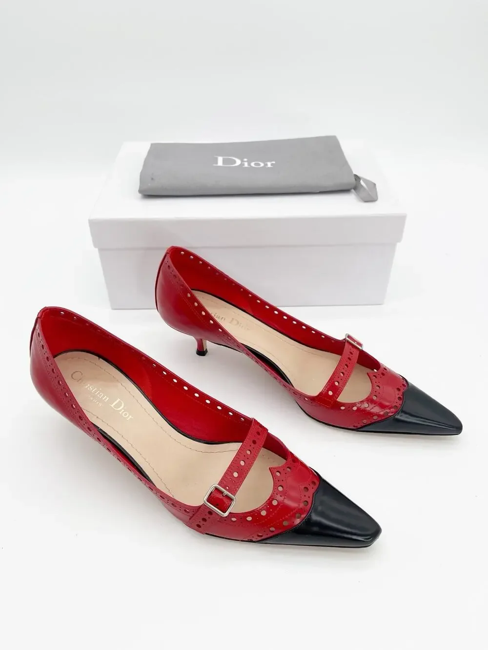 Dior Spectadior Red Black Brushed Calfskin Spectator Kitten Heel Pumps EU 39.5