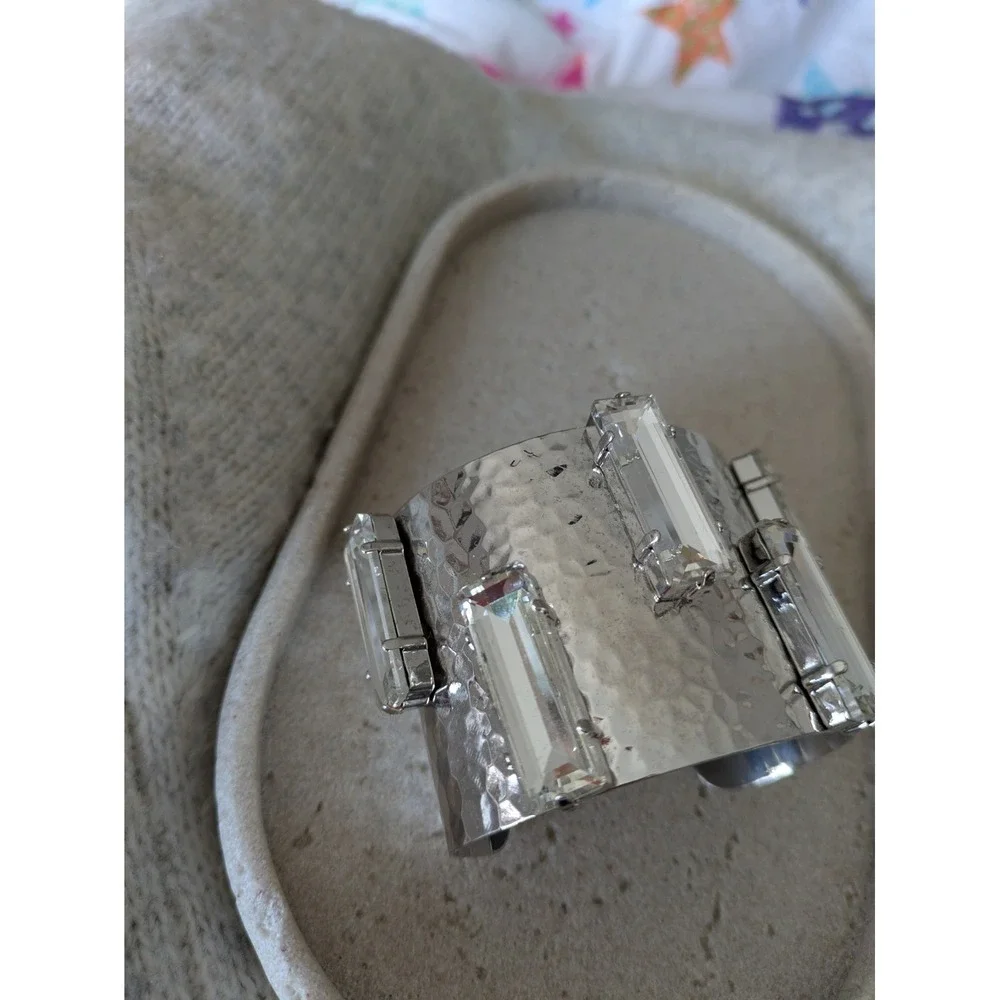Hammered Silver Tone Cuff Bracelet With Rectangle Rhinestones Chunky Wide Glam