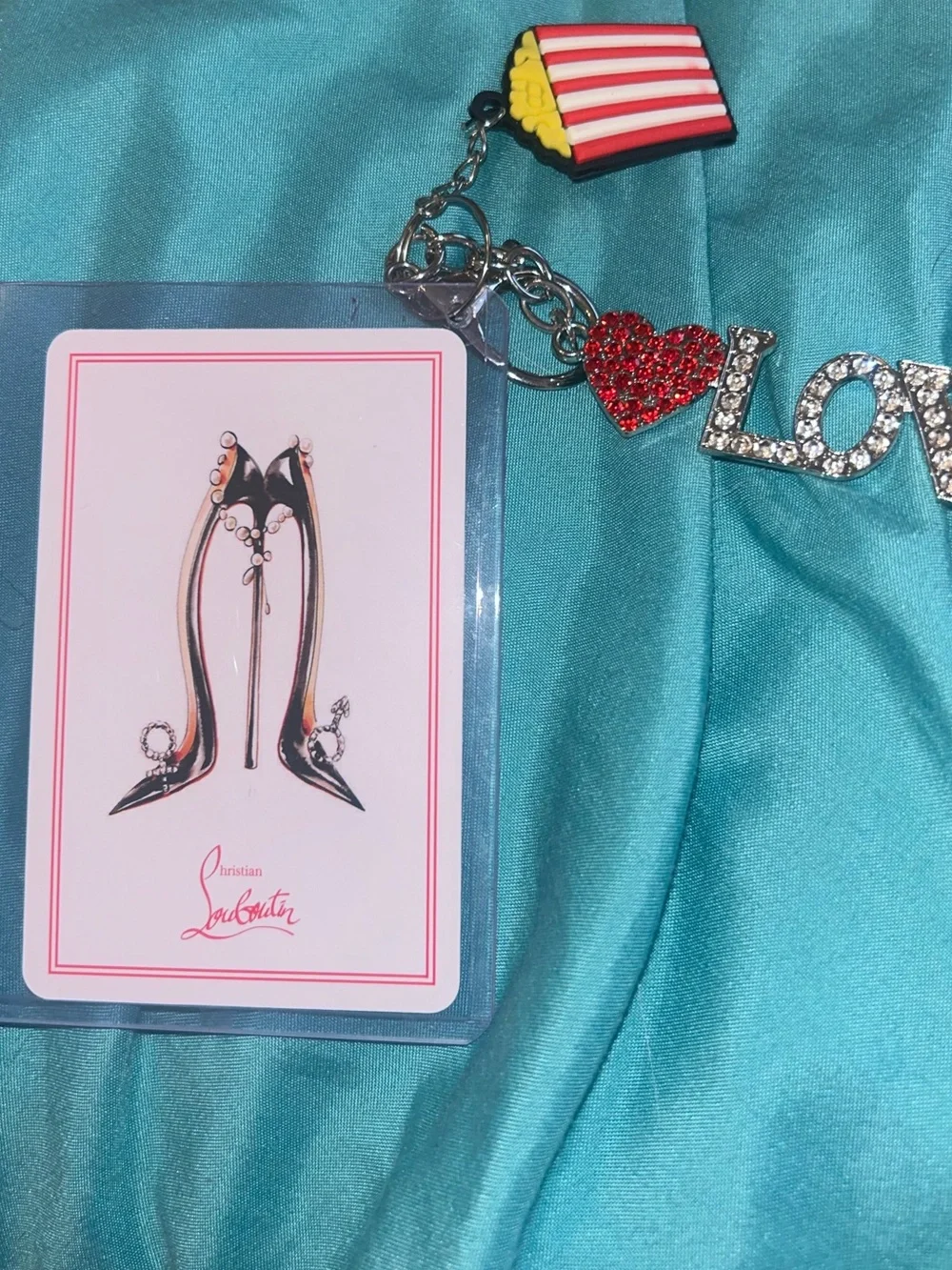 Christian Louboutin 2 of clubs in case  w/LOVE' Keychain &  Popcorn Charm