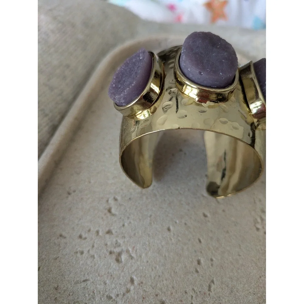 Graziano Wide Cuff Bracelet In Gold Tone Purple Druzy Stone Beads Chunky Whimsy