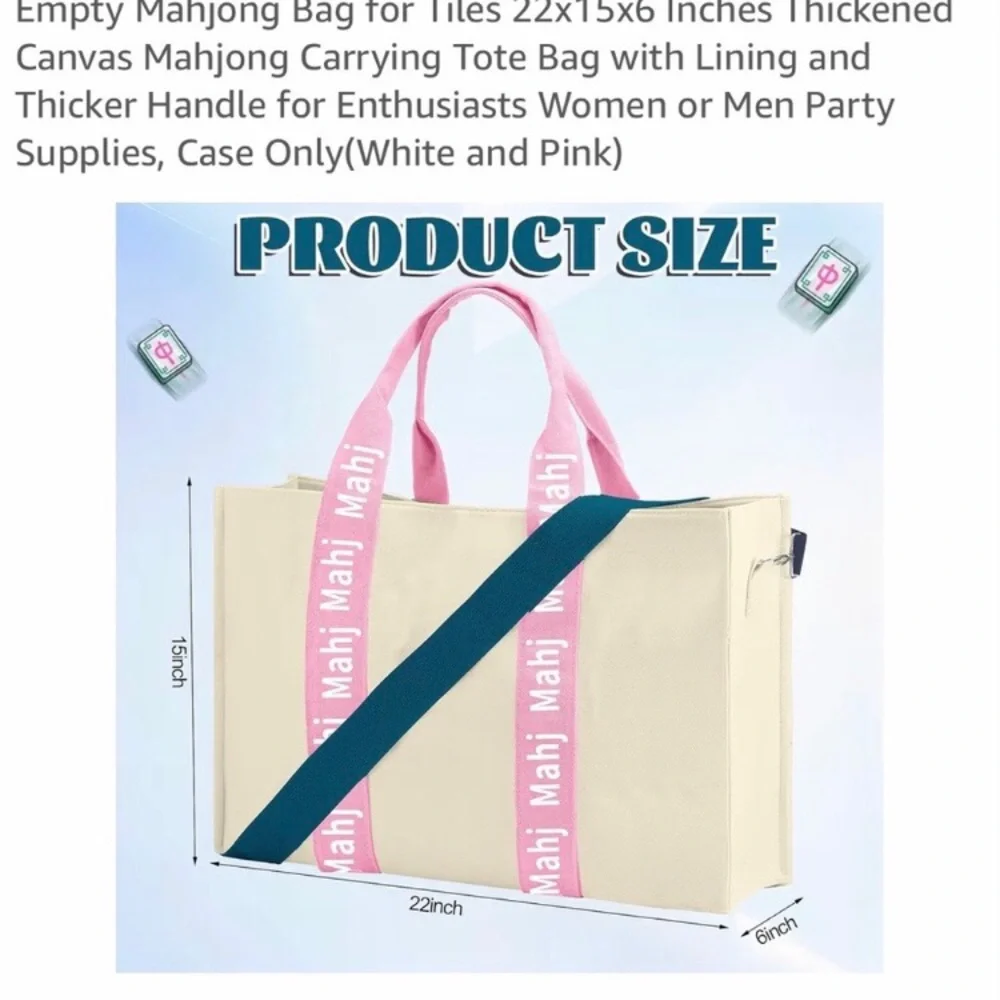 Canvas Mahjong Carrying Tote Bag with Pink Handles and Teal Strap