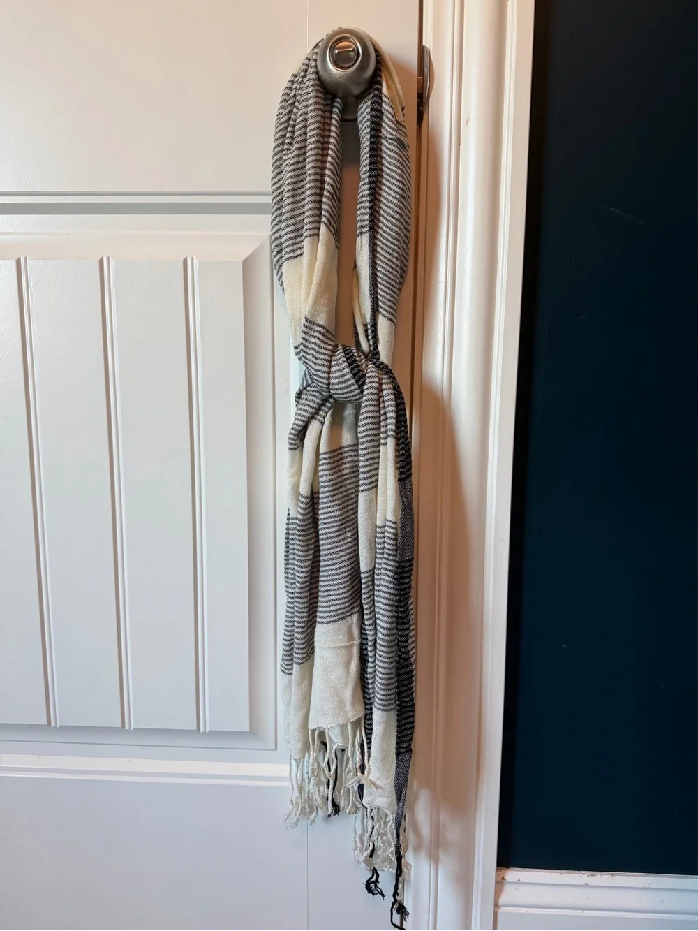 Maurices Black and Cream Striped Scarf with Fringe