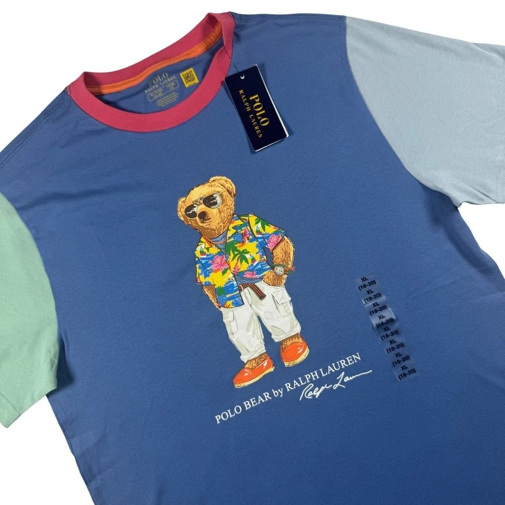 Polo Ralph Lauren Polo Bear T-Shirt Boy XL 18-20 Blue Colorblock Graphic Tee NEW