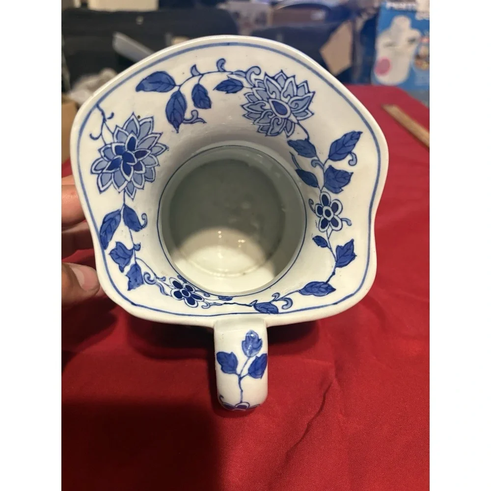Vintage Andrea by Sadek Blue and White Ceramic Pitcher Birds & Floral 6