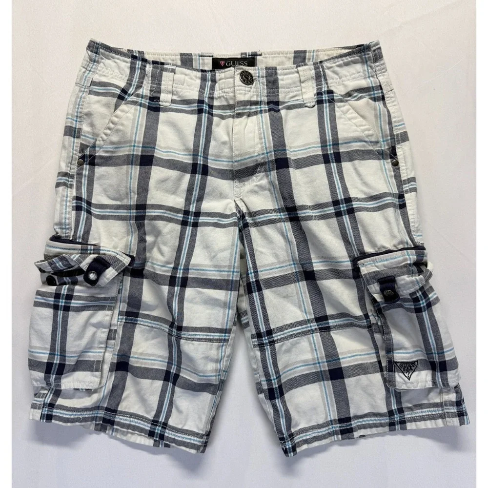 Guess‎ Cargo Shorts Mens 32 White Multi Plaid Cotton Stretch Utility Pockets