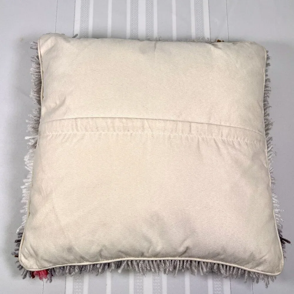 Vintage Latch Hook Shag Christmas Pillow Reindeer with Candy Canes Kitsch 16”