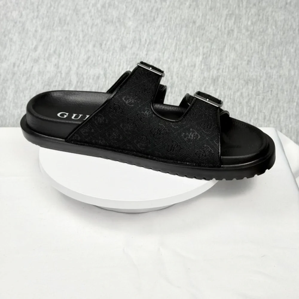 Guess‎ GMVerone Mens Slide Sandals Black Double Buckle Logo Strap Size 9 M