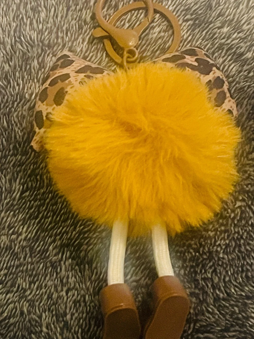 Fuzzy Pom Pom Keychain with Leopard Bow and Cute Eyes