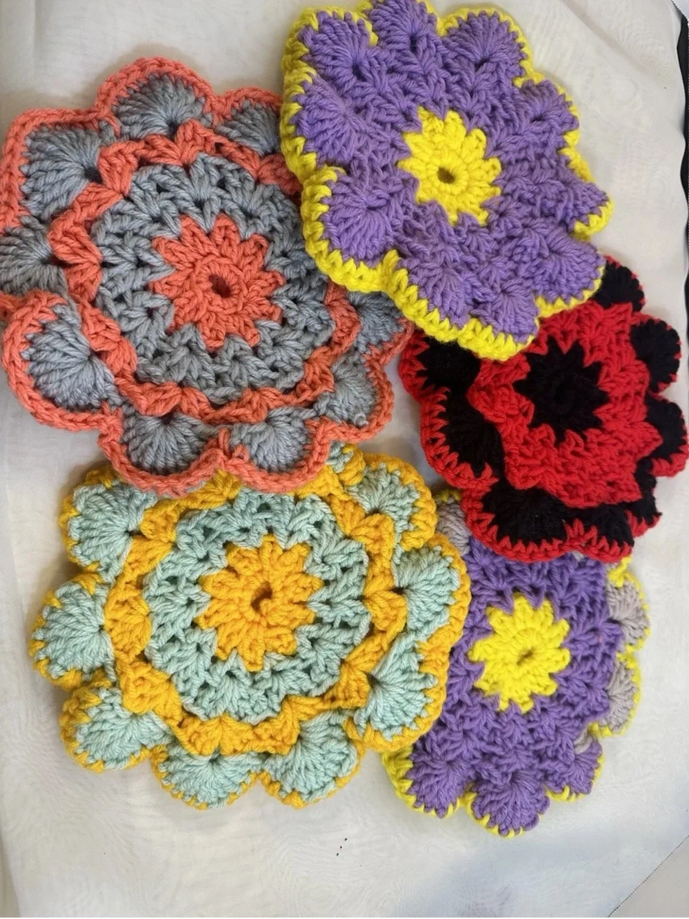 Crocheted Granny doilies  hand stitched  bright colors nice handiwork Set Of 5