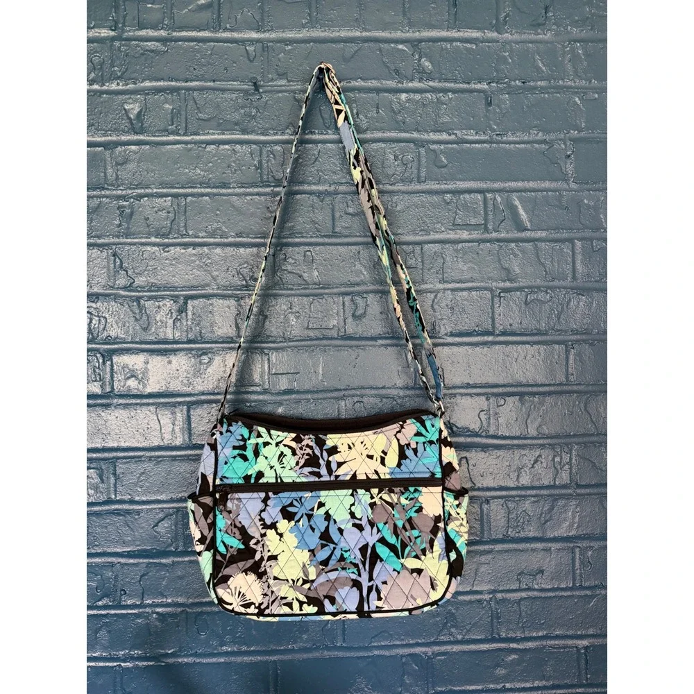 Vera‎ Bradley Quilted Cotton Crossbody Bag Blue Green Floral Leaf Print Zip Top