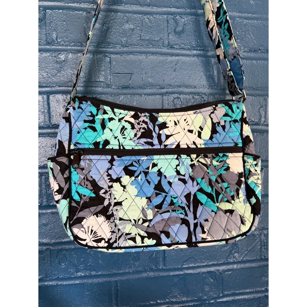 Vera‎ Bradley Quilted Cotton Crossbody Bag Blue Green Floral Leaf Print Zip Top