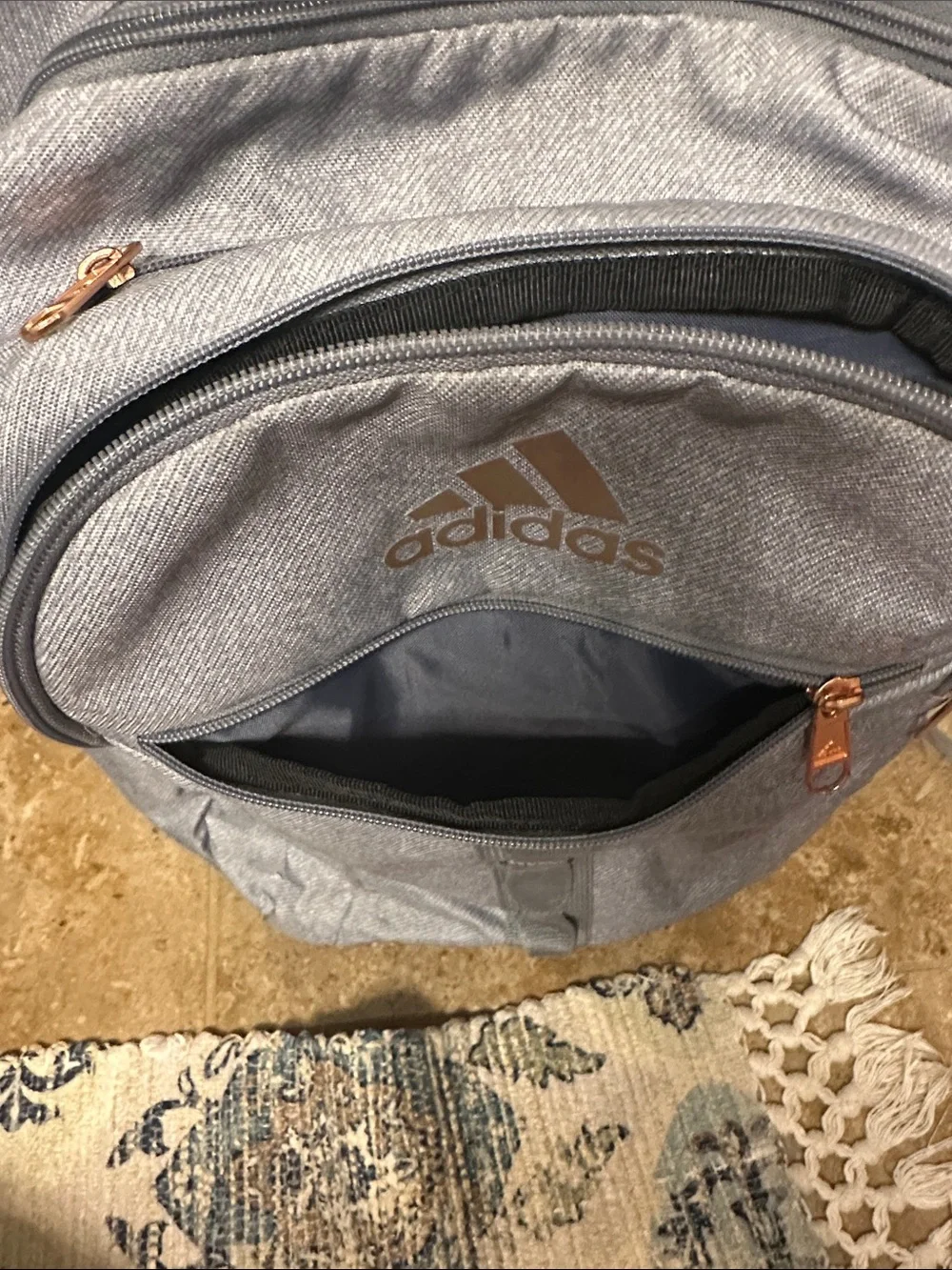 adidas Light Gray Backpack with Gold Logo Accents