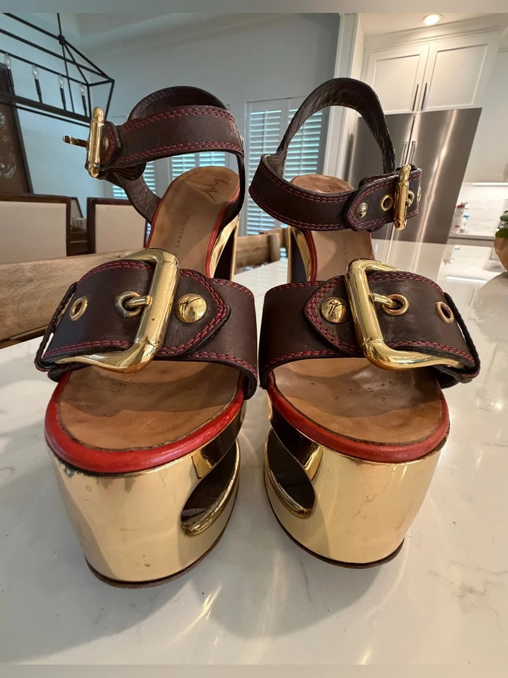 GIUSEPPE ZANOTTI “Bloc” sandals with gold wedge heel. Size 35 or U.S. 5. SO FUN!