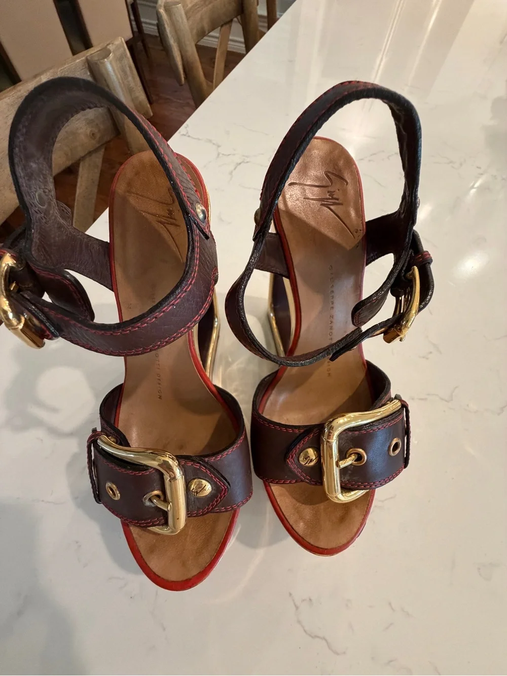 GIUSEPPE ZANOTTI “Bloc” sandals with gold wedge heel. Size 35 or U.S. 5. SO FUN!
