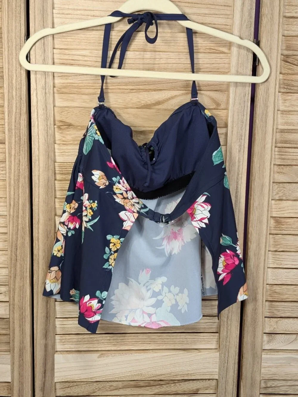 Kona Sol Navy Floral Halter Tankini Top - Pink & Yellow Blooms Size Medium