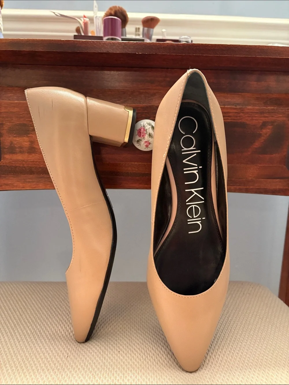 Calvin Klein Nude Pointed Toe Block Heel Pumps