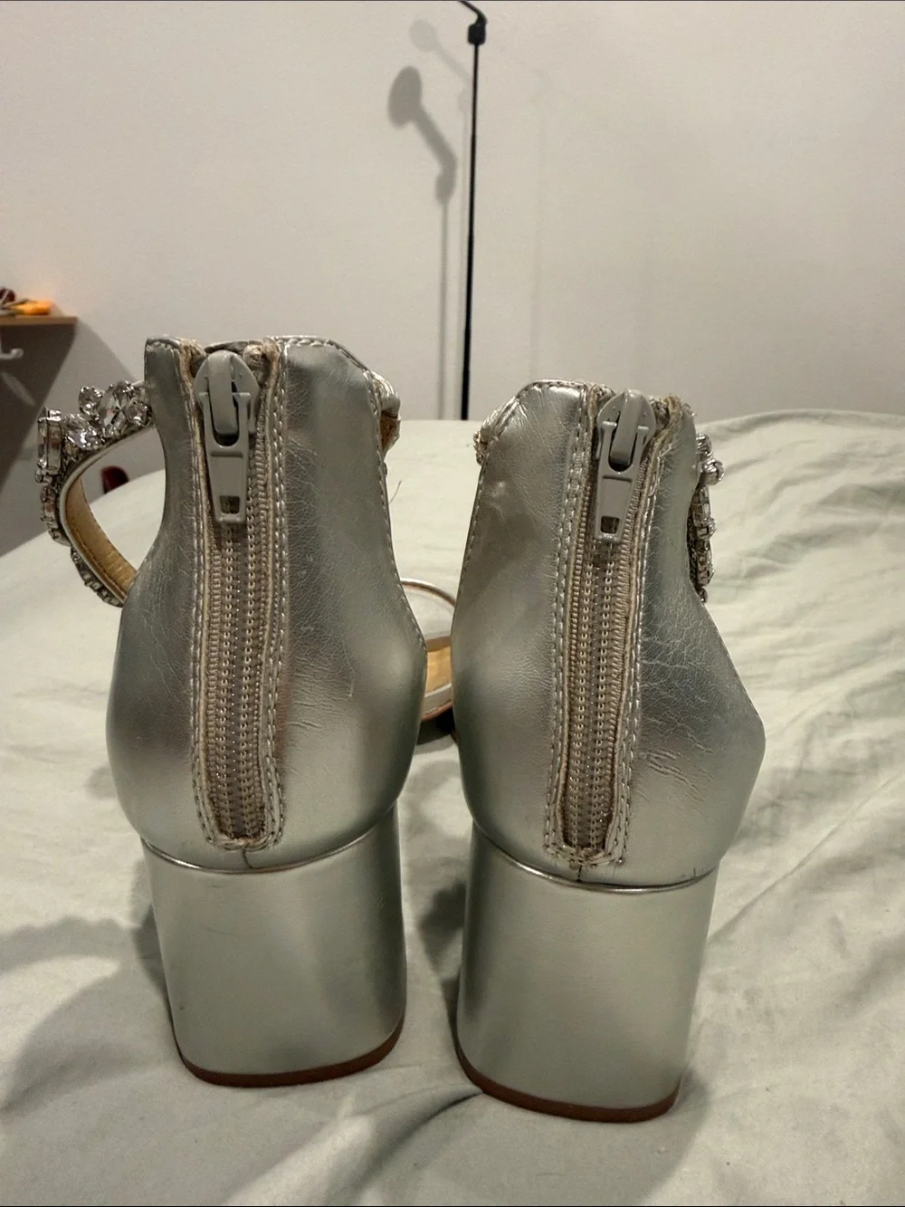 Embellished Silver Ankle-Strap Heels