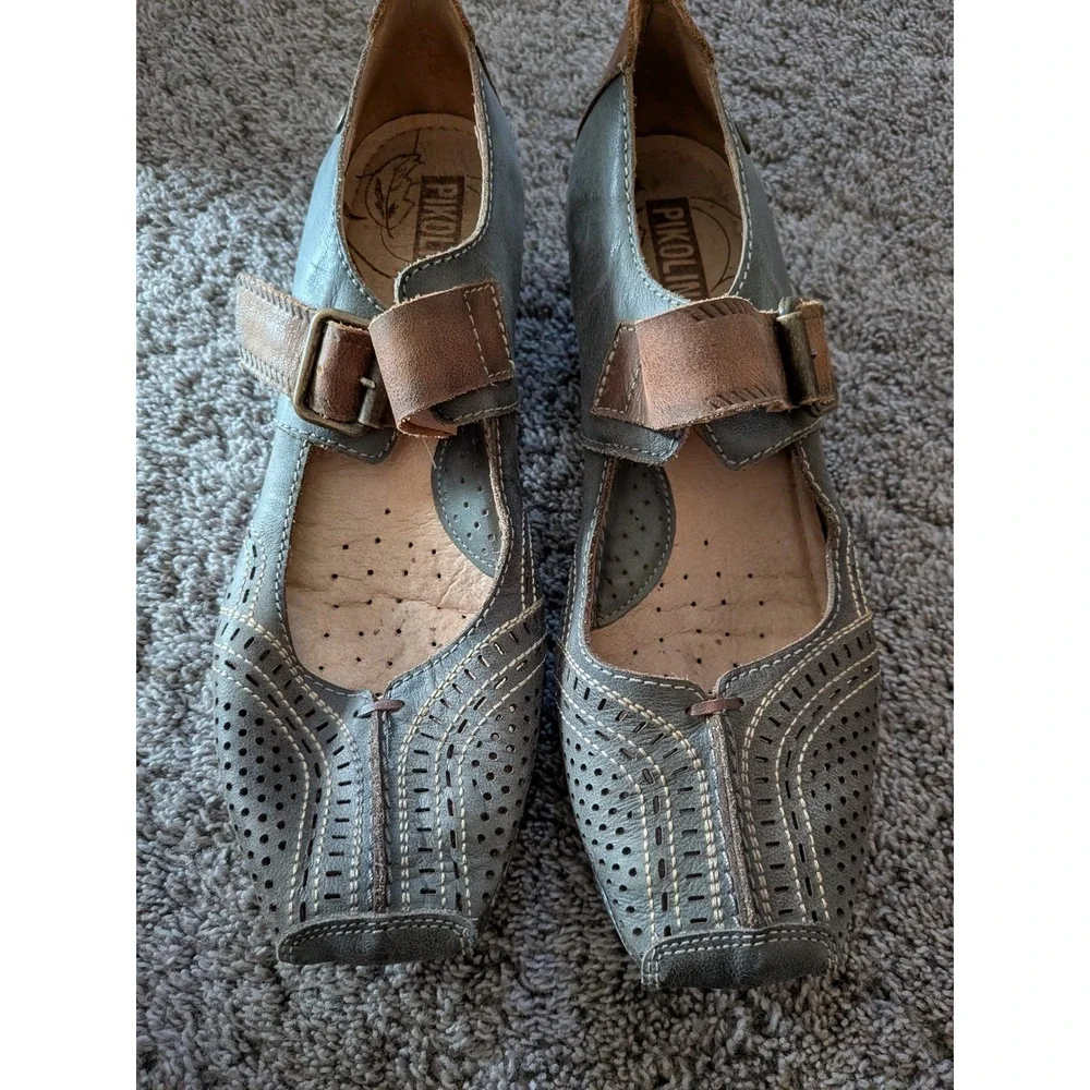Pikolinos Women Blue Brown Leather Perforated Mary Jane Block Heel Shoes Size 39