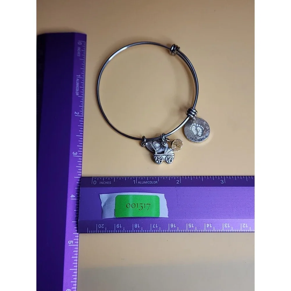 FOOTNOTES 'New Baby' Silver Tone Charm Bracelet Stroller Faceted Crystal & Heart