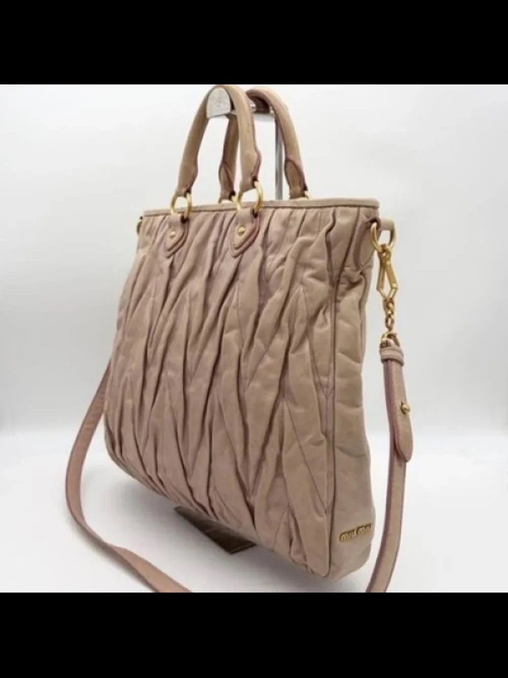 Miu Miu Dusty Pink Ruched Leather Tote with Shoulder Strap