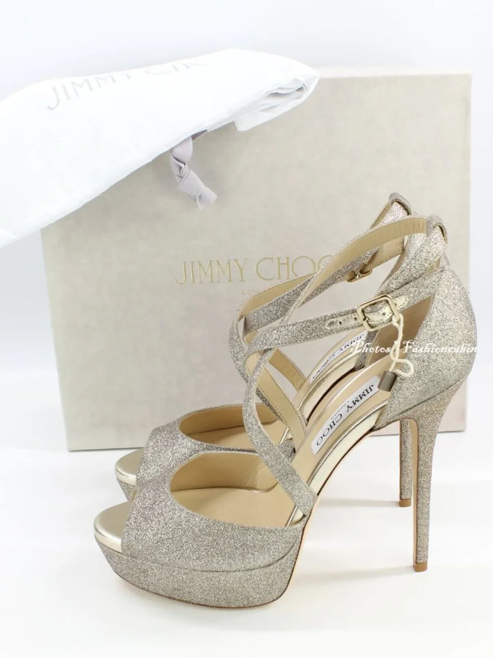 NEW JIMMY CHOO Jenique 125 Glittered Platform Sandals, EU 41, Platinum Ice