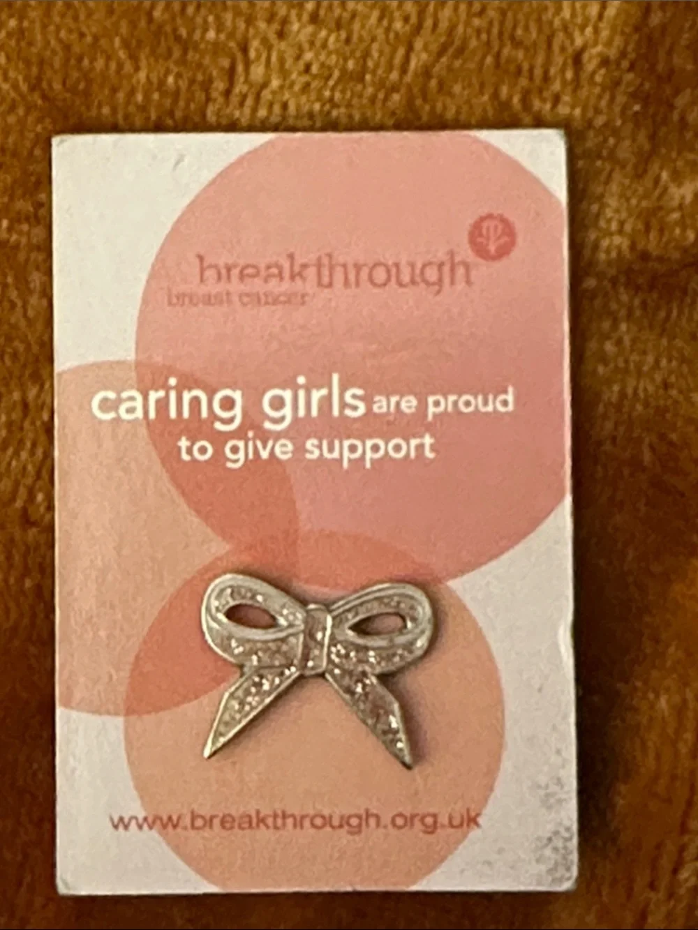 Pink Bow Pin on Breakthrough Breast Cancer Card