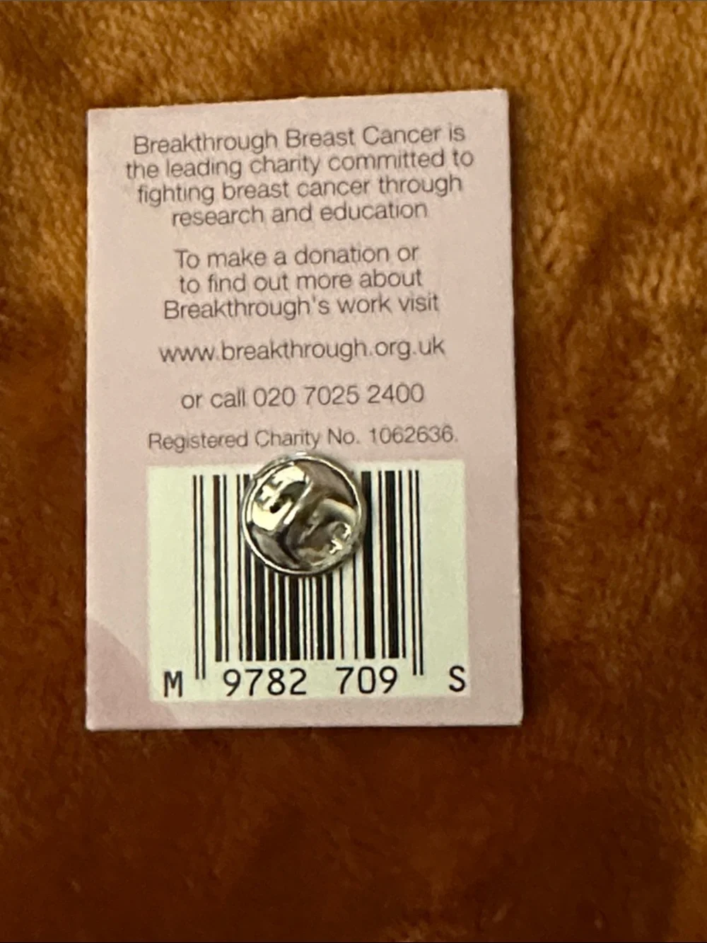 Pink Bow Pin on Breakthrough Breast Cancer Card
