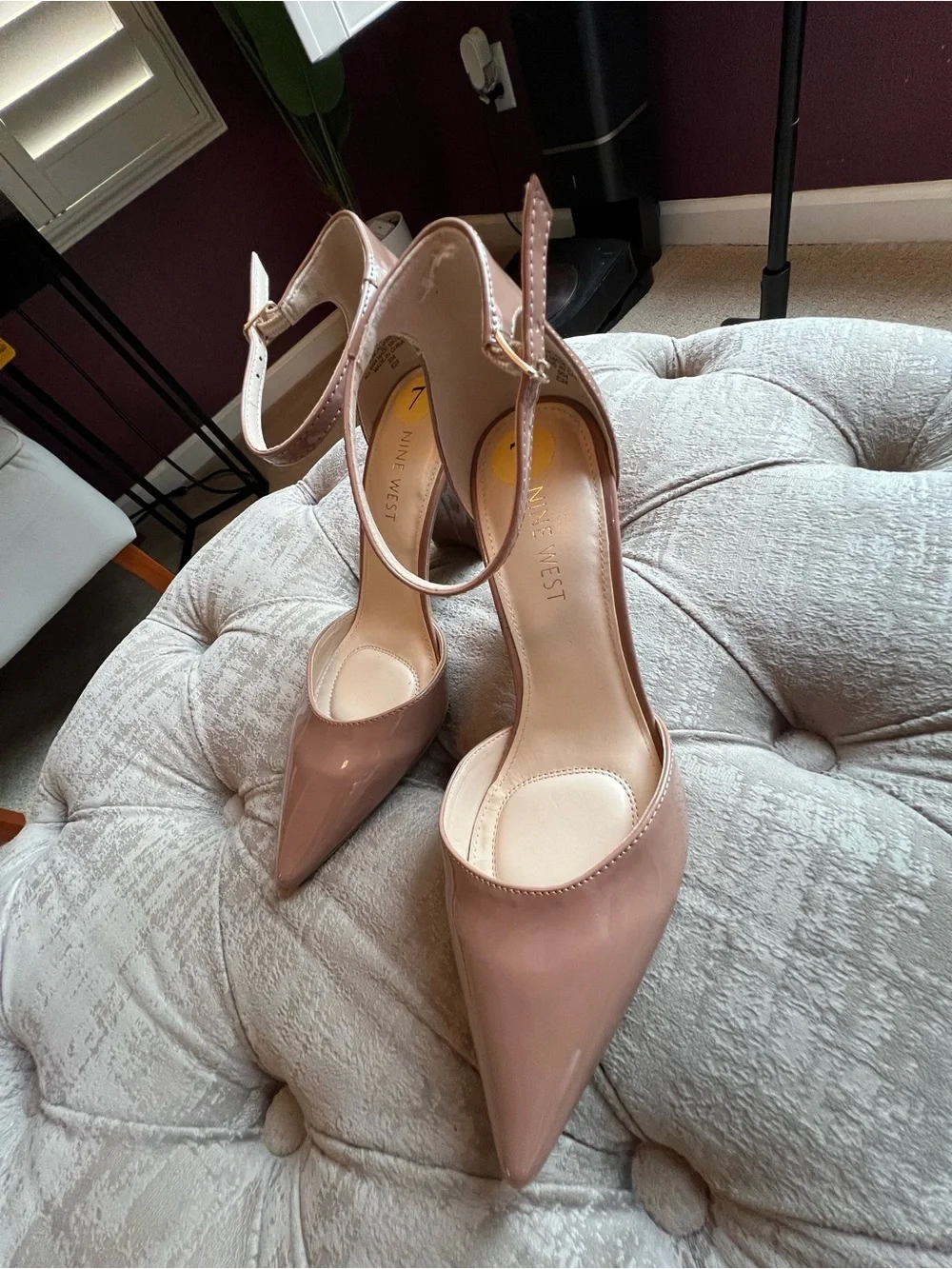 Nine West Glossy Pointed-Toe Ankle-Strap Pumps in Nude