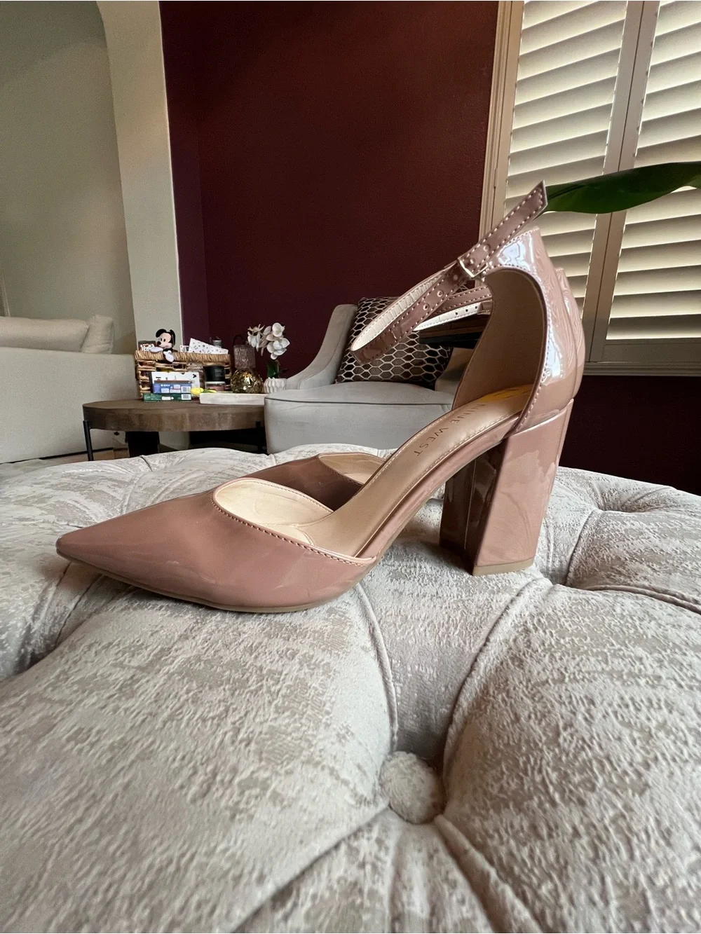 Nine West Glossy Pointed-Toe Ankle-Strap Pumps in Nude