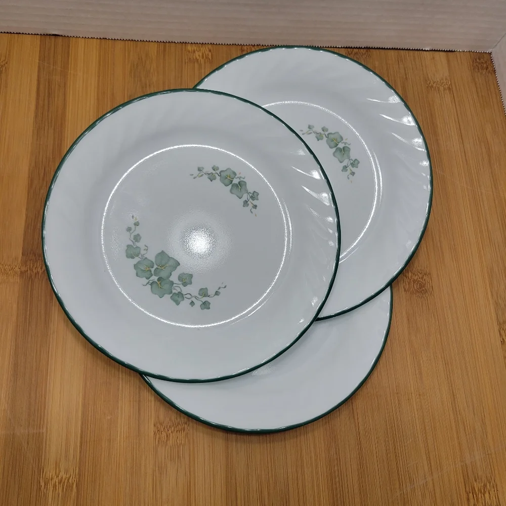 3 Piece Corelle Callaway Dinner Plates Green Ivy Edge Rim White Swirl Plates