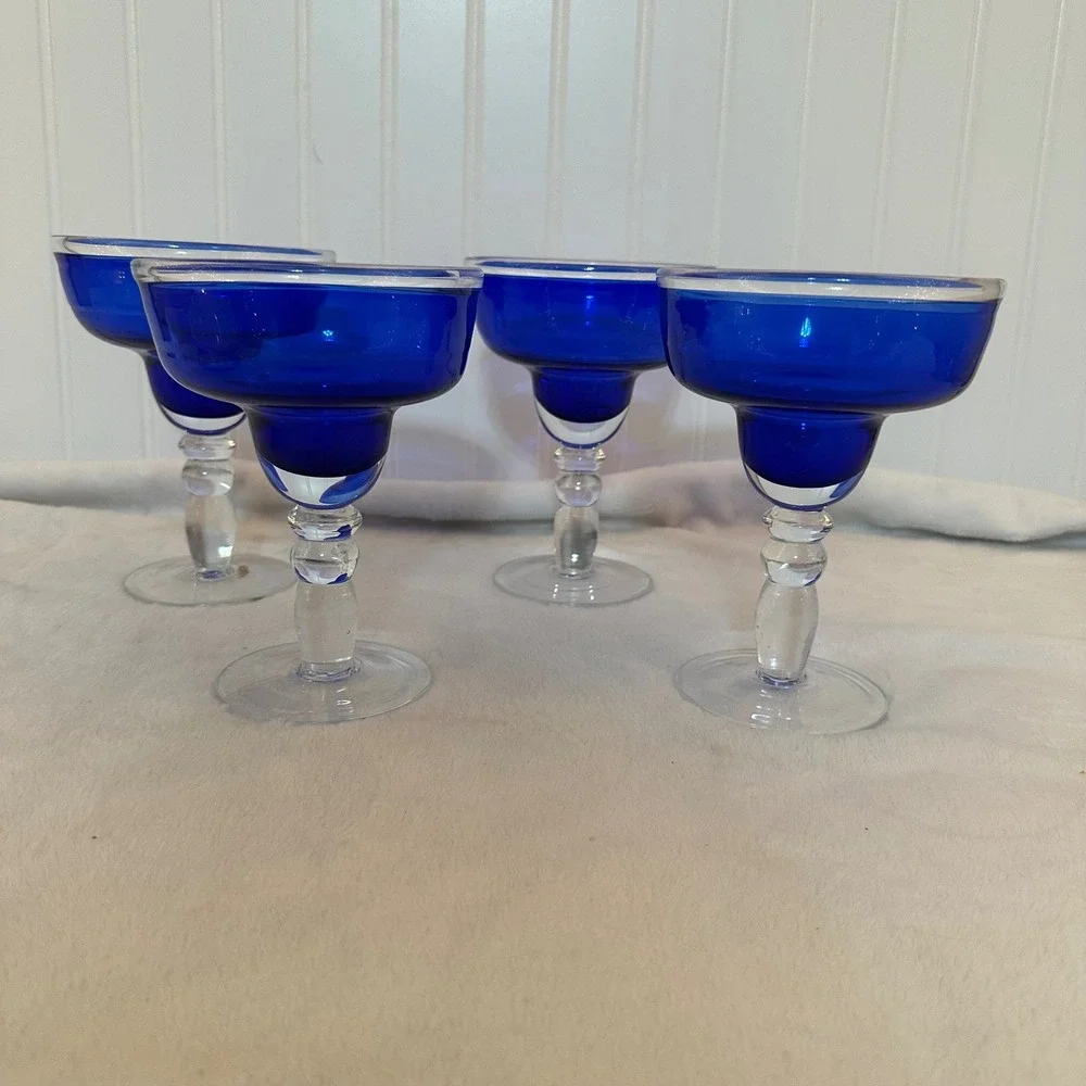 Vintage Margarita Glasses Set of 4 Cobalt Blue Clear Bubble Stem Excellent MCM