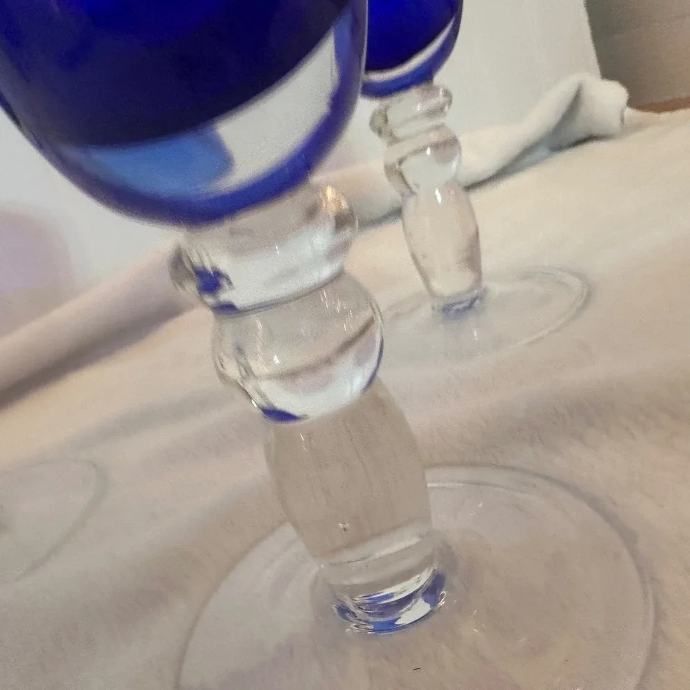 Vintage Margarita Glasses Set of 4 Cobalt Blue Clear Bubble Stem Excellent MCM