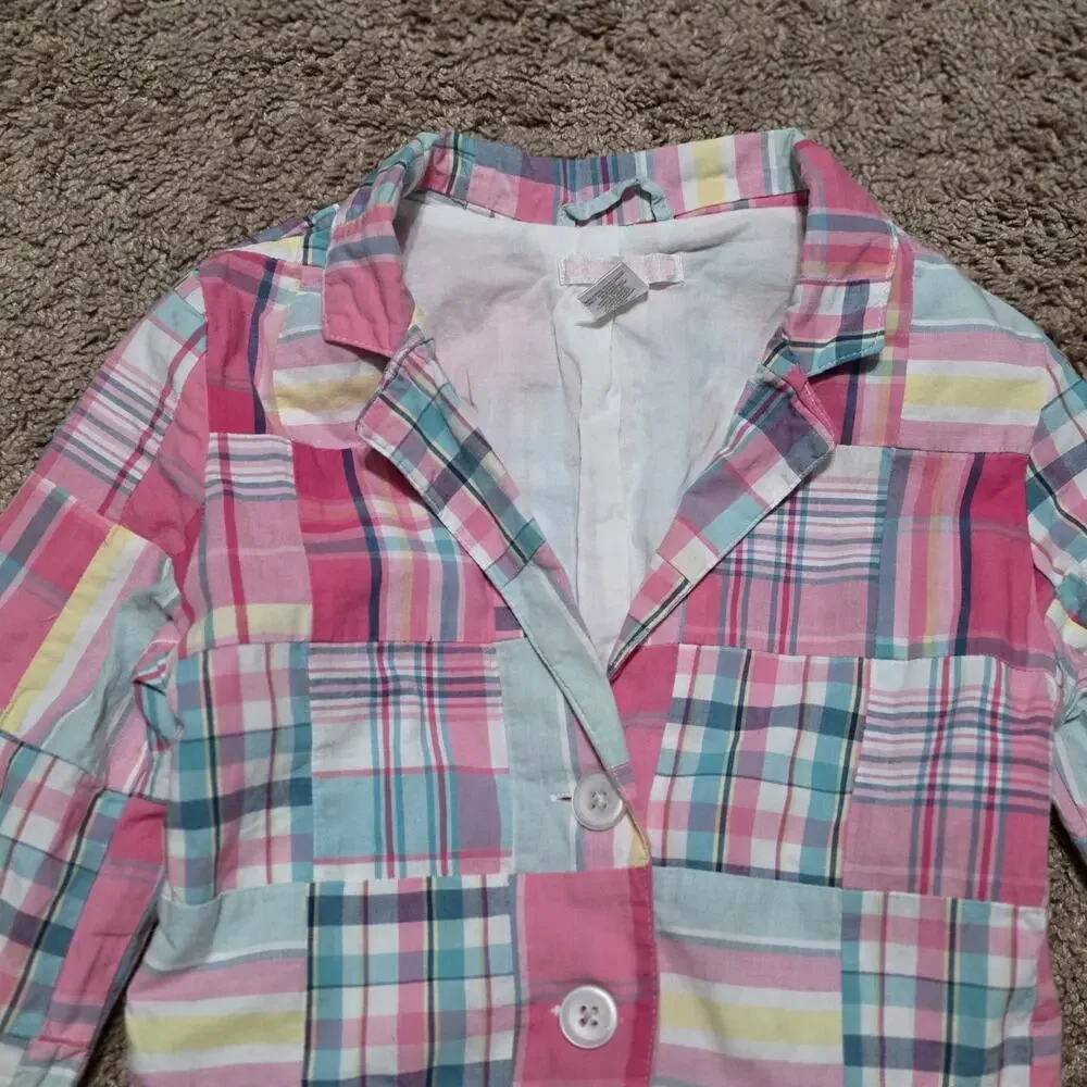 Vtg Janie And Jack Madras Plaid Jacket Girls 6 Pink Blue Pastel Patchwork Spring
