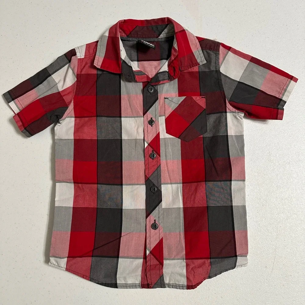 Tony Hawk Toddler Kids Plaid Short Sleeve Button Up Shirt Red Black White Sz S 4