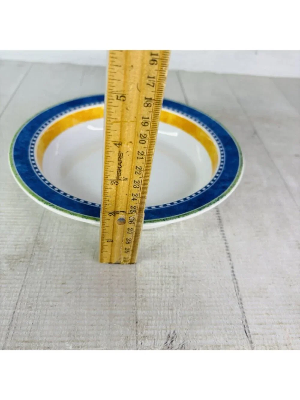 Dansk Bistro KOBENHAVN Blue Yellow Band Smooth Green Trim Rimmed Soup Bowl Set 4