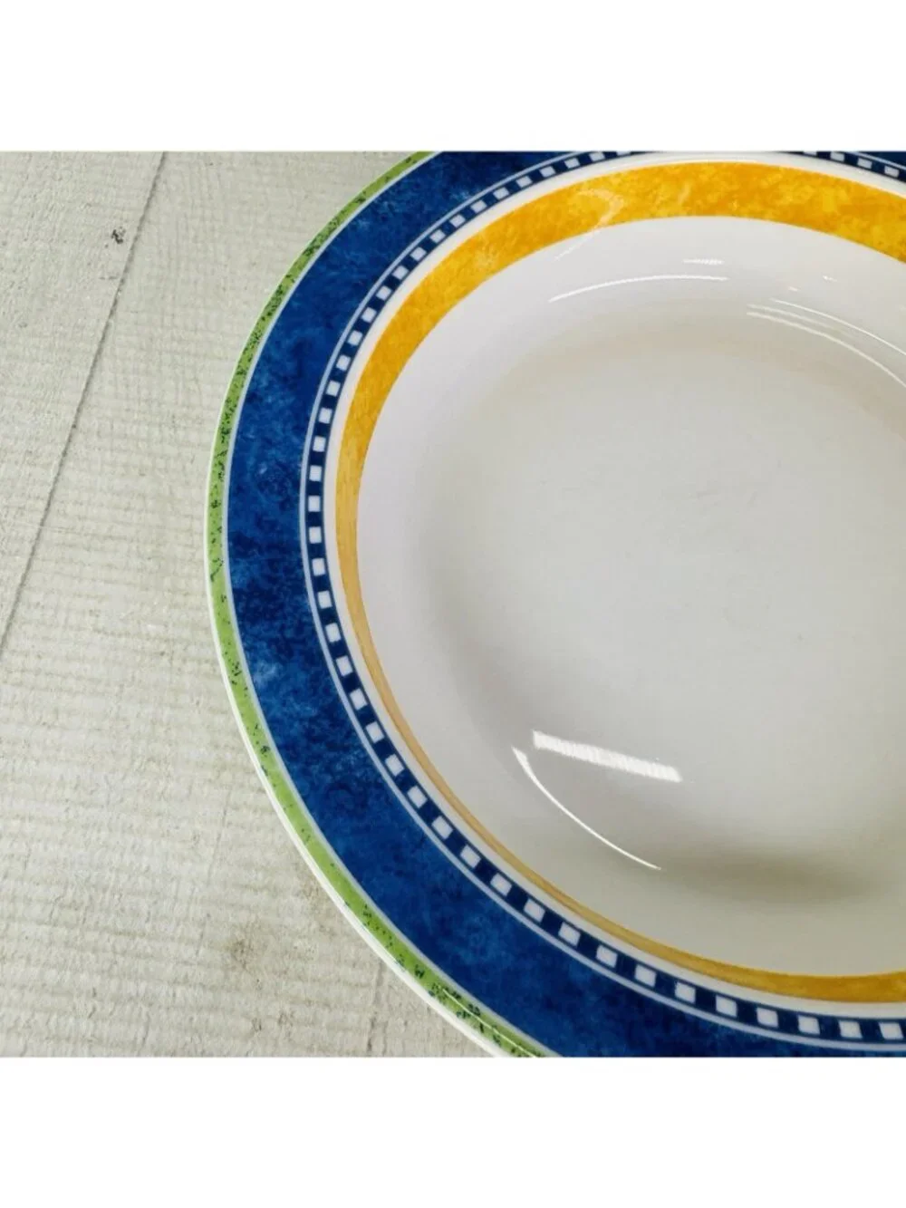 Dansk Bistro KOBENHAVN Blue Yellow Band Smooth Green Trim Rimmed Soup Bowl Set 4